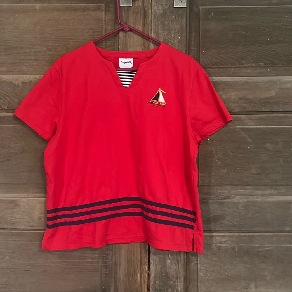 BonWorth Red Nautical Sailboat Short Sleeve Top Petite Large Split Neck Striped